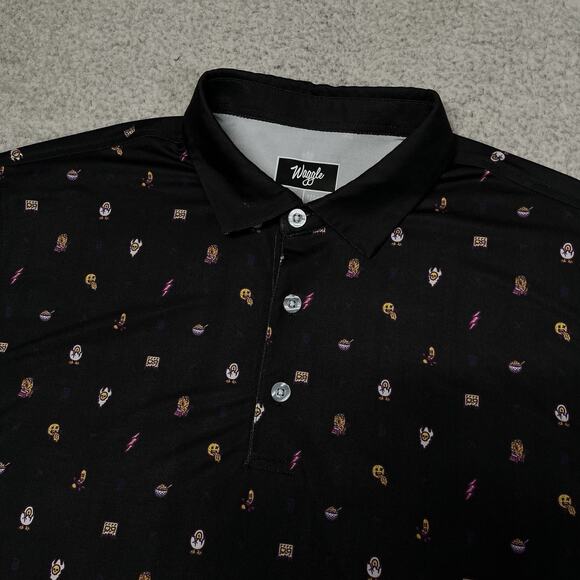 Waggle Polo Shirt Mens L Black All Over Print Performance Golf Stretch AOP - Picture 4 of 9